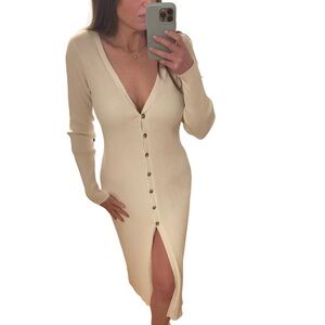 INTERMIX Cream/Ivory Ribbed Long Sleeve Button-Down Dress